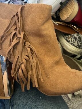 Betsey Johnson Tan Suede Fringe Block Heel Ankle Boots